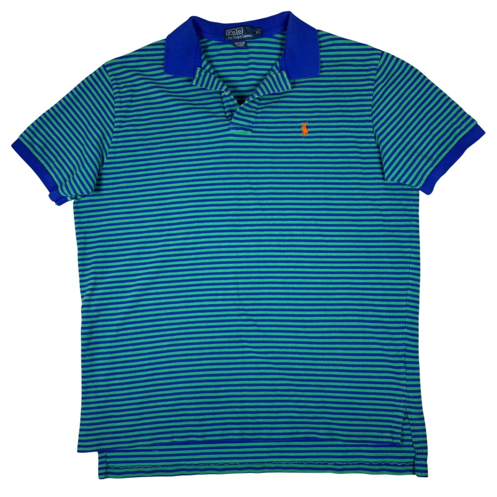 Polo Ralph Lauren Mens XL Polo Shirt Blue Green Striped Short Sleeve Pony Cotton